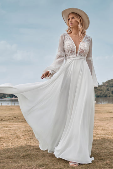 Long Sleeves Ivory A Line Wedding Dress with Lace